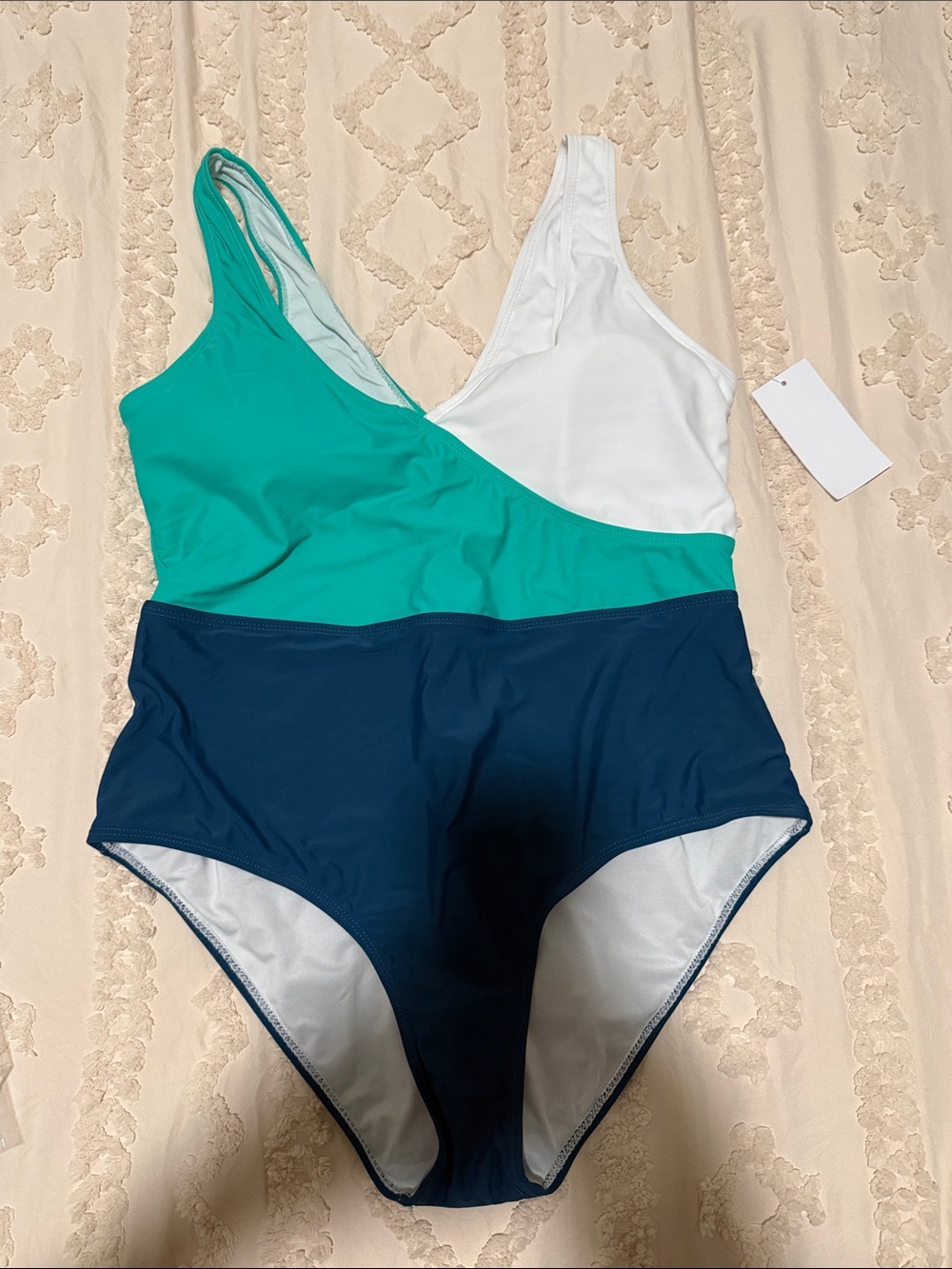 Colorblock One-Piece Swimsuit in Teal, Navy & White